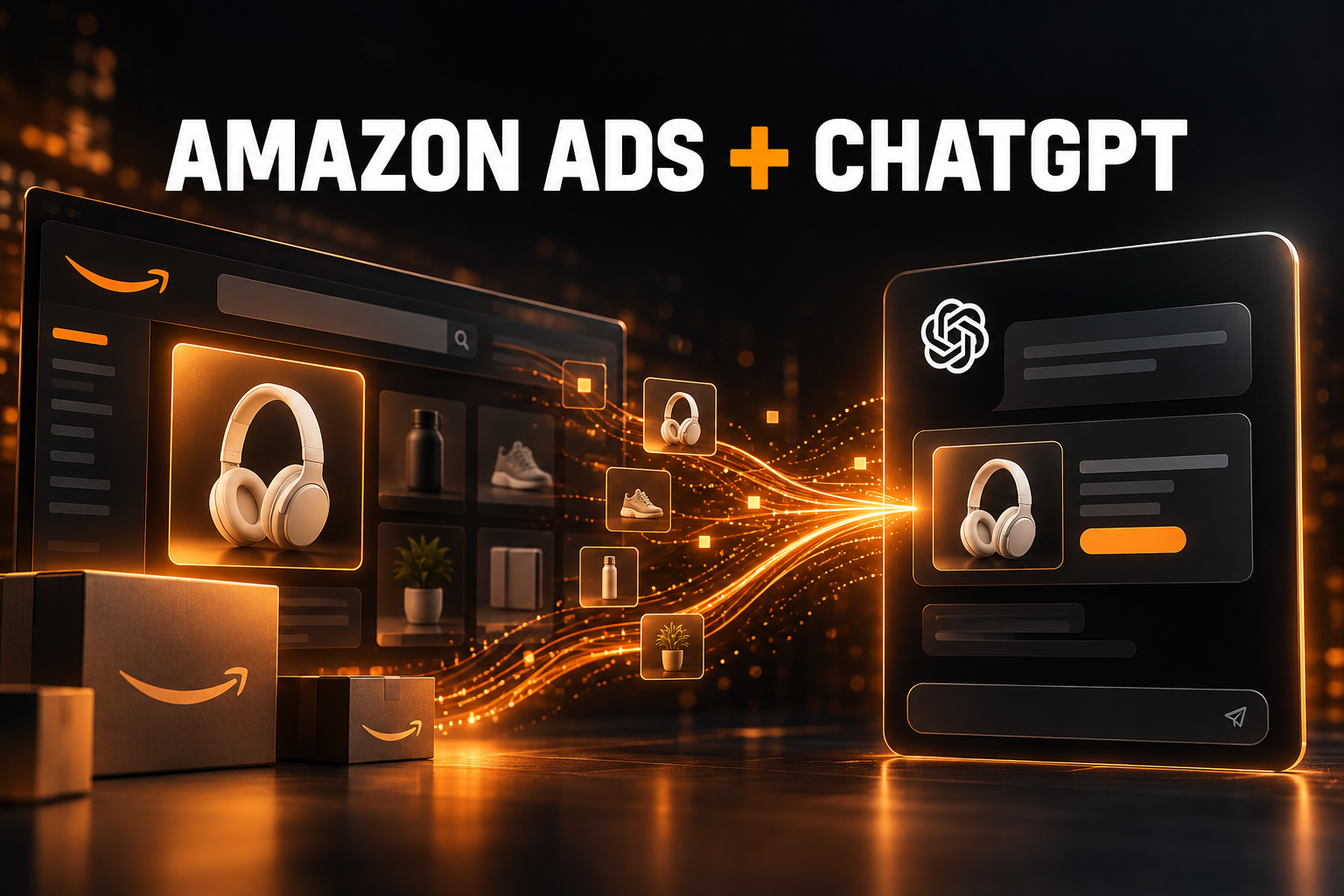 Amazon Ads connected to a ChatGPT advertising experience through glowing data streams