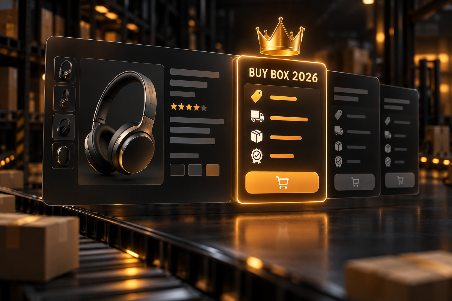 Amazon Featured Offer product card with a highlighted Buy Box badge and competitive pricing indicators.