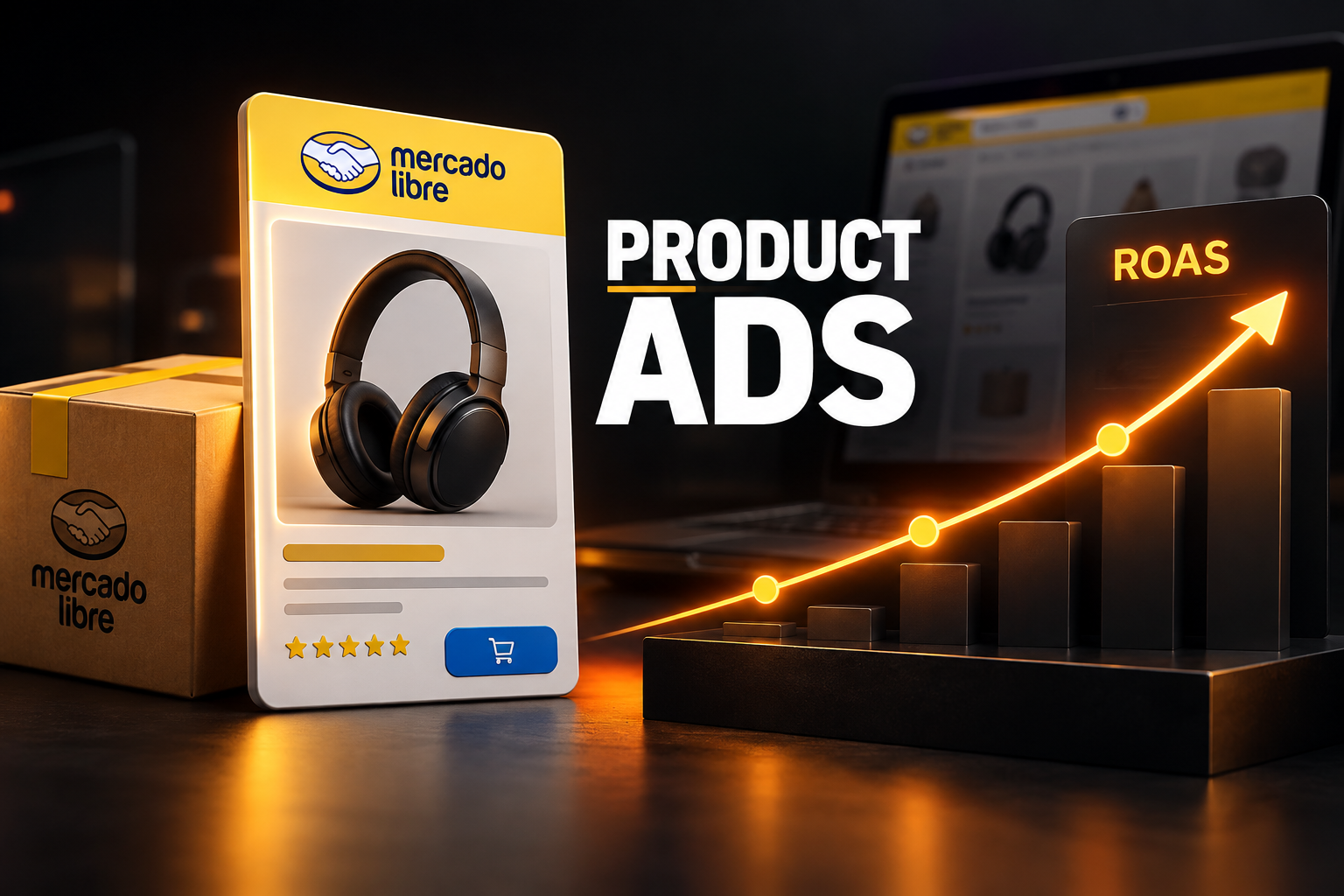 Mercado Ads Product Ads dashboard with a rising ROAS chart and marketplace product cards.