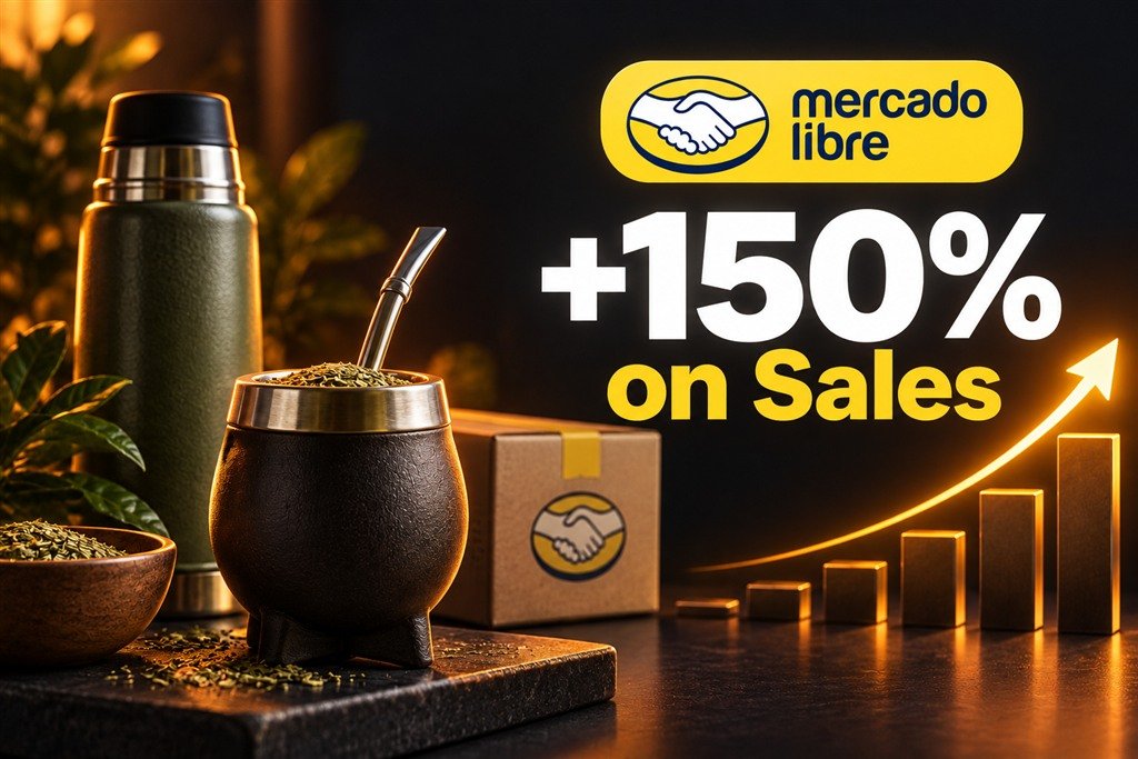 Mercado Libre case study for an Argentine mate brand, showing sales growth above 150%.