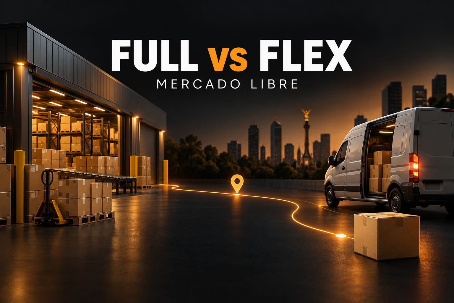 Warehouse parcels and a delivery van connected by an illuminated route beneath the heading Full vs Flex, Mercado Libre.