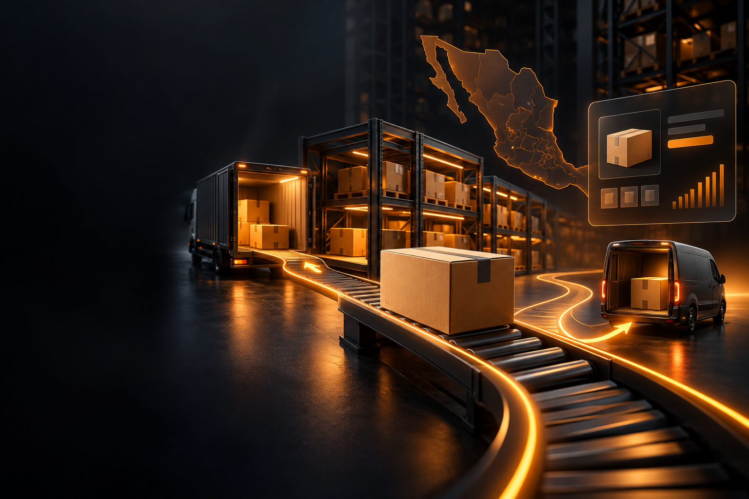 3D illustration of ecommerce inventory moving through a Mexican fulfillment center, with warehouse shelves, a map of Mexico, and delivery vans.